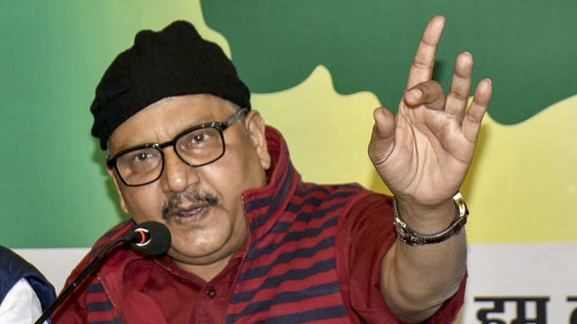 RJD MP Manoj Jha addresses a press conference at the party office, in Patna.