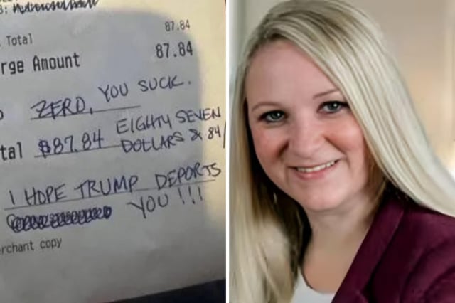 A real estate agent (R) was fired from her job after leaving a message on a restaurant receipt, telling a waiter that she hoped President Donald Trump would deport him.
