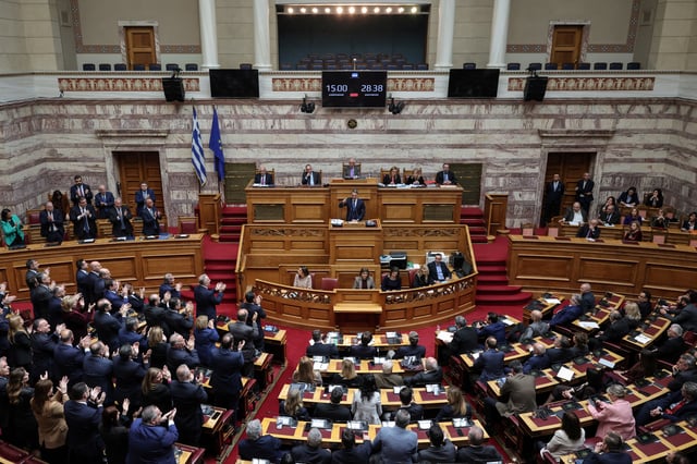 Greek Prime Minister Kyriakos Mitsotakis speaks at the Greek parliament, during a debate on a 2023 train crash that killed 57 people, in Athens, Greece, March 5, 2025.  REUTERS/Louisa Gouliamaki