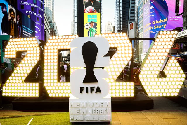 The New York/New Jersey's FIFA World Cup 2026 logo is revealed during the kickoff event in Times Square in New York City, U.S., May 18, 2023.  REUTERS/Brendan McDermid/File Photo