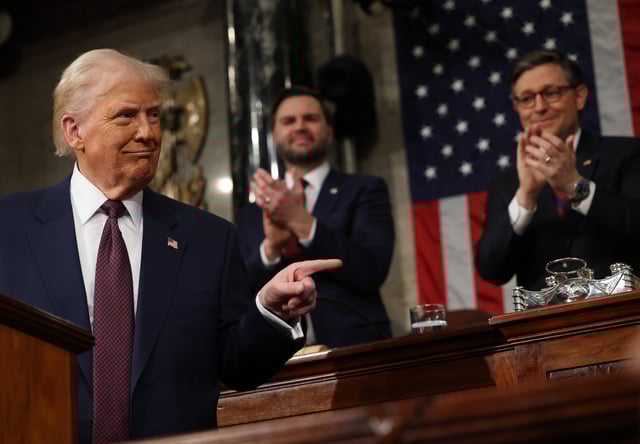 Vice President JD Vance and Speaker of the House Mike Johnson (R-LA) applaud as President Donald Trump addresses a joint session of Congress at the U.S. Capitol on March 04, 2025 in Washington, DC. President Trump was expected to address Congress on his early achievements of his presidency and his upcoming legislative agenda.