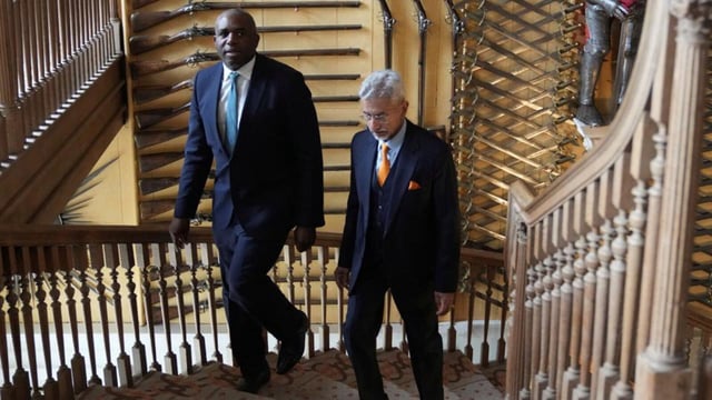 Britain's foreign secretary David Lammy and Indian external affairs minister S Jaishankar walk as they meet at Chevening House, in Sevenoaks, Britain, Wednesday (via REUTERS)