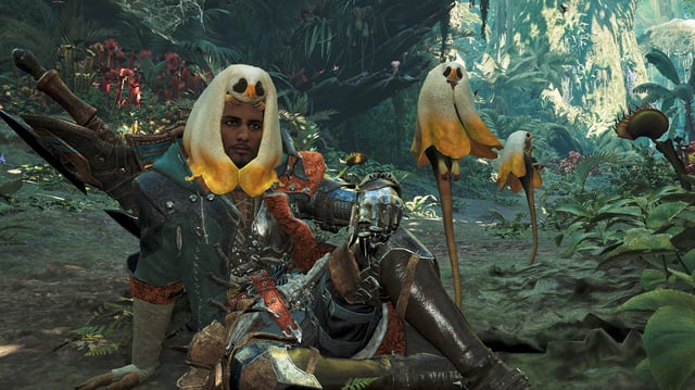 A hunter wearing headgear resembling a small monkey-like creature called a Mimiphyta in Monster Hunter Wilds.