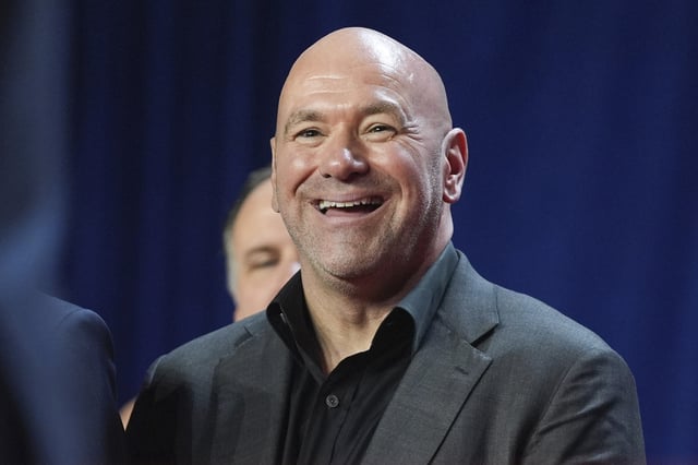 FILE- Dana White watches as Republican presidential nominee former President Donald Trump speaks at an election night watch party at the Palm Beach Convention Center, Wednesday, Nov. 6, 2024, in West Palm Beach, Fla. (AP Photo/Evan Vucci, File)