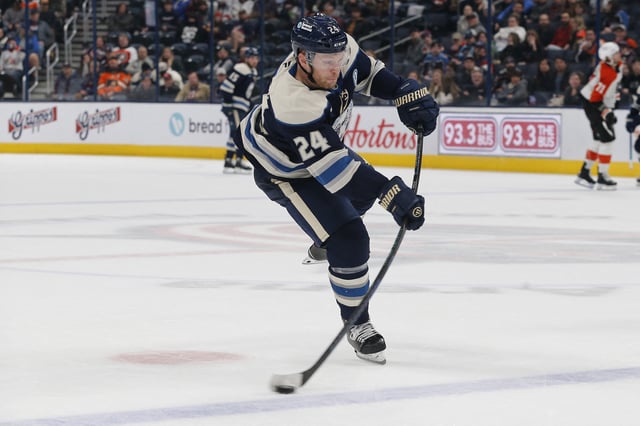 Dec 10, 2024; Columbus, Ohio, USA; Columbus Blue Jackets center Mathieu Olivier (24) wrists a shot on goal against the Philadelphia Flyers during the third period at Nationwide Arena. Mandatory Credit: Russell LaBounty-Imagn Images/File Photo