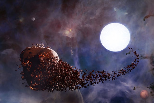 An artist&#39;s impression of a planet being torn apart by the gravitational forces of a white dwarf star.