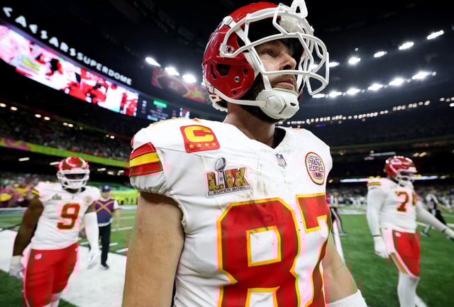 Travis Kelce #87 of the Kansas City Chiefs walk off the field after Philadelphia beat the Kansas City Chiefs 40-22 during Super Bowl LIX at Caesars Superdome on Feb. 9, 2025 in New Orleans, Louisiana. 