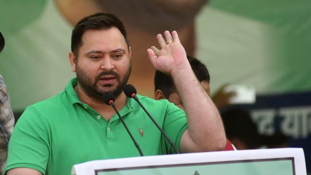 RJD MLA Tejashwi Yadav addressing the Yuva Choupal in Patna. (Photo by Santosh Kumar/ Hindustan Times)