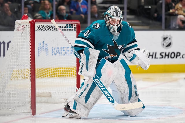 Feb 8, 2025; San Jose, California, USA; San Jose Sharks goaltender Vitek Vanecek (41) plays his position against the Dallas Stars during the third period at SAP Center at San Jose. Mandatory Credit: Robert Edwards-Imagn Images/File Photo