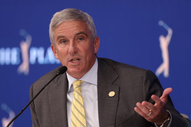 Jay Monahan, Commissioner of the PGA Tour speaks to the media in a press conference prior to THE PLAYERS Championship on THE PLAYERS Stadium Course at TPC Sawgrass on March 07, 2023 in Ponte Vedra Beach, Florida.