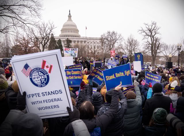 Protesters gather at a rally organized by the American Federation of Government Employees against the so-called Department of Government Efficiency (DOGE) purges and resignation offers made to the federal civilian workforce outside the US Capitol in Washington, DC, on February 11, 2025. (Photo by Allison ROBBERT / AFP)
