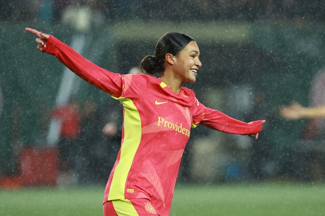 Nov 1, 2024; Portland, Oregon, USA;  Portland Thorns FC forward Sophia Smith (9) celebrates scoring during the first half against Angel City FC at Providence Park. Mandatory Credit: Craig Mitchelldyer-Imagn Images/File Photo