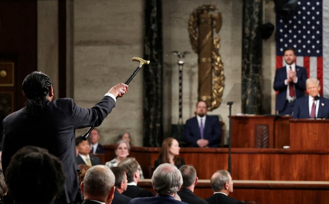 WASHINGTON, DC - MARCH 04: Rep. Al Green (D-TX) shouts out as U.S. President Donald Trump addresses a joint session of Congress at the U.S. Capitol on March 04, 2025 in Washington, DC.     Win McNamee/Pool via