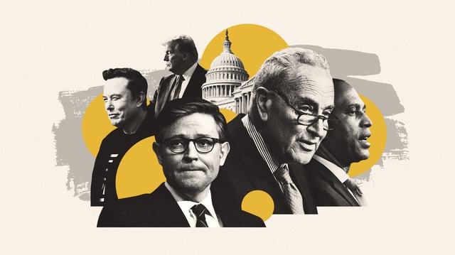 Illustration of Chuck Schumer, Hakeem Jeffries, Mike Johnson, Elon Musk and Donald Trump