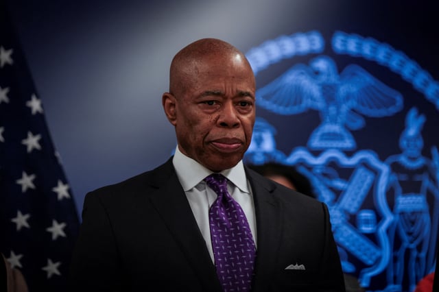 New York City Mayor Eric Adams attends a press conference at the 40th precinct, in the Bronx borough of New York City, New York, U.S., February 20, 2025.
