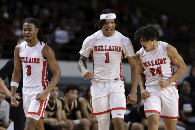 Bellaire&#39;s Ejypt Gibbs (3), Shelton Henderson (1) and Jaren Brown (24) celebrate their win over San Antonio Brennan after their Class 6A Division I UIL boys state semi-final game Tuesday, March 4, 2025, held at Texas Southern University in Houston.