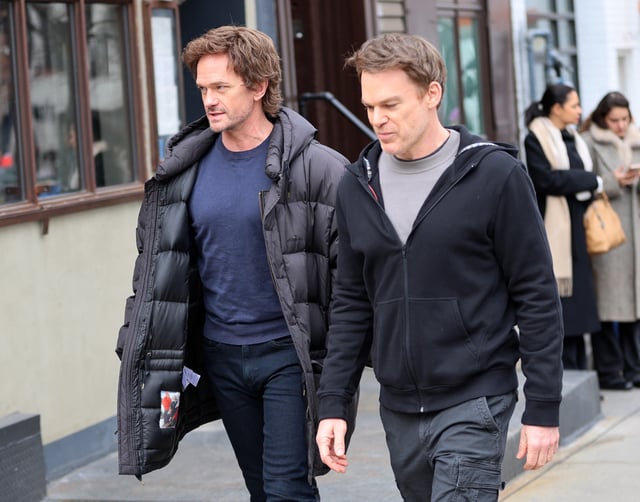 Neil Patrick Harris and Michael C. Hall are seen on the set of &#39;Dexter: Resurrection&#39; on March 04, 2025 in New York City.
