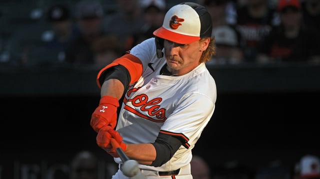 Orioles’ Gunnar Henderson hits against the Twins in the first inning. The Orioles defeated the Twins 7-4 at Oriole Park at Camden Yards. (Kenneth K. Lam/Staff)