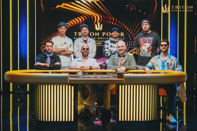The final table finishers in Event #8 of the 2025 Triton Jeju stop. (Clockwise from top left: Mario Mosbock, Mike Watson, Brandon Wilson, Steve O'Dwyer, Matas Cimbolas, Bryn Kenney, Dylan Linde, Juan Pardo)