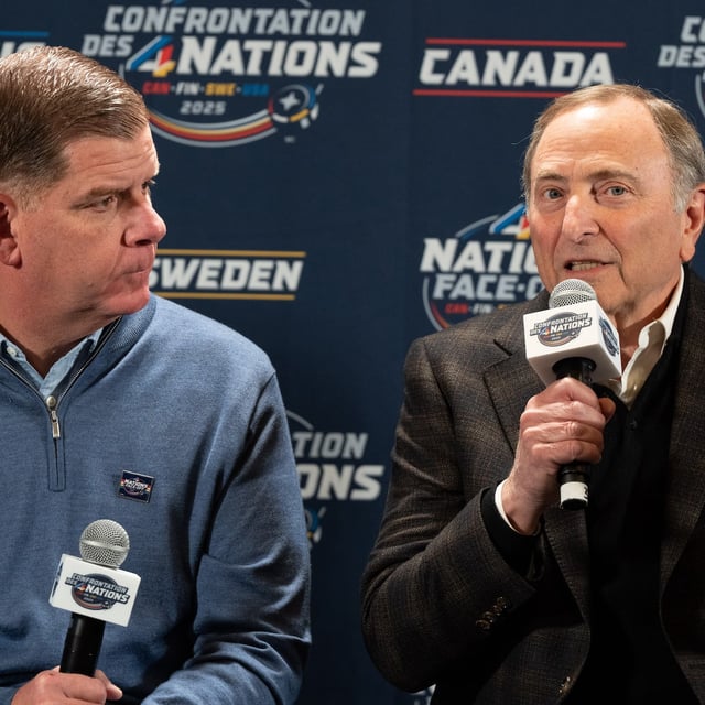 NHL commissioner Gary Bettman, right and NHLPA executive director Marty Walsh speak to the media before the start of 4 Nations Face-Off hockey in Montreal on Wednesday, Feb. 12, 2025. THE CANADIAN PRESS/Christinne Muschi
