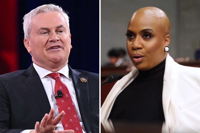 House Oversight Committee Chairman James Comer, a Kentucky Republican, speaks at the Conservative Political Action Conference in Oxon Hill, Maryland on February 20, 2025. Representative Ayanna Pressley speaks during a House Oversight Committee hearing on March 5, 2025 in Washington, D.C.