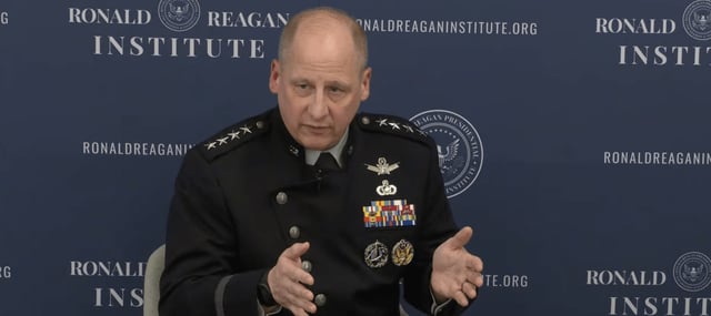 Gen. Michael Guetlein, vice chief of space operations of the U.S. Space Force, speaks at the 2025 National Security Innovation Base Summit. Credit: Ronald Reagan Institute