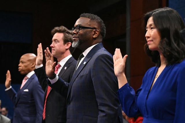 (From left to right) New York City Mayor Eric Adams, Denver Mayor Michael Johnston, Chicago Mayor Brandon Johnson and Boston Mayor Michelle Wu are sworn in during a House Committee hearing on March 5.