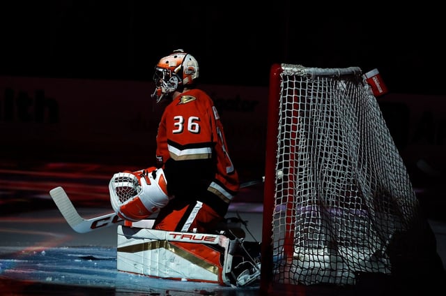 Ducks goaltender John Gibson gets ready against the Dallas Stars on Feb. 4, 2025, at Honda Center. (Photo by Ronald Martinez/Getty Images)