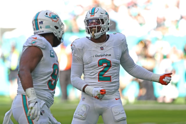 Miami Dolphins outside linebacker Bradley Chubb celebrates after a sack against the New York Jets during the first half at Hard Rock Stadium on Sunday, Dec. 17, 2023 in Miami Gardens. (John McCall/South Florida Sun Sentinel)