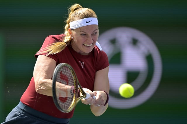 Mar 5, 2025; Indian Wells, CA, USA;  Petra Kvitova (CZE) hits a shot against Varvara Gracheva (not pictured) in her first round match during the BNP Paribas Open at the Indian Well Tennis Garden. Mandatory Credit: Jayne Kamin-Oncea-Imagn Images