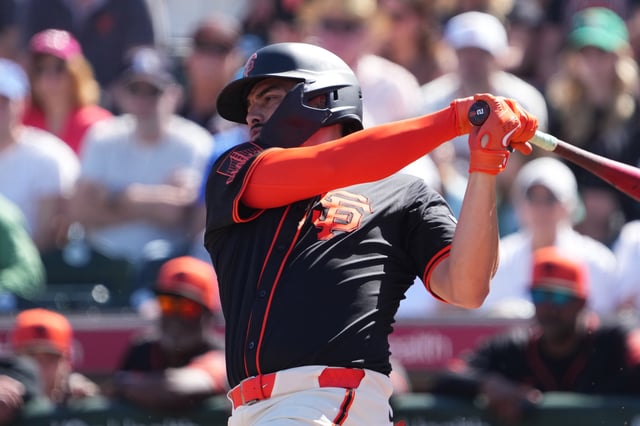 Mar 2, 2025; Scottsdale, Arizona, USA; San Francisco Giants shortstop Willy Adames (2) bats against the Los Angeles Angels during the first inning at Scottsdale Stadium. Mandatory Credit: Joe Camporeale-Imagn Images/File Photo