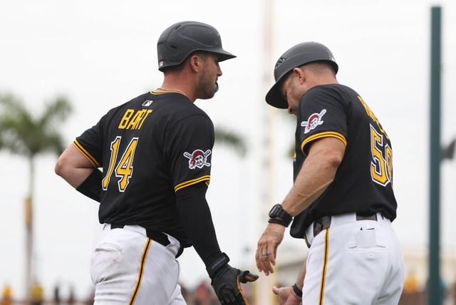 Mar 5, 2025; Bradenton, Florida, USA;  Pittsburgh Pirates catcher Joey Bart (14) is congratulated by third base coach Mike Rabelo (58) after he hit a home run during the fifth inning against the Toronto Blue Jays at LECOM Park. Mandatory Credit: Kim Klement Neitzel-Imagn Images