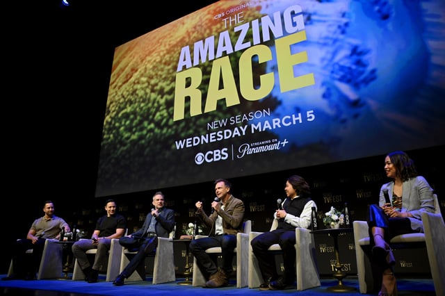 Nick Fio, Mike Fio, Michael Schneider, Phil Keoghan, Holden Nguyen and Han Nguyen speak onstage at &#34;The Amazing Race&#34; Q&amp;A during 13th SCAD TVfest on February 05, 2025 in Atlanta, Georgia.