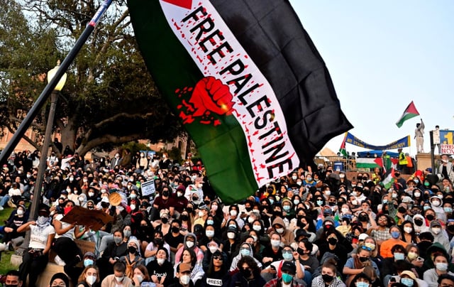 Protestors gather outside the Pro-Palestinian encampment on the campus of UCLA in Los Angeles on Wednesday, May 1, 2024. (Photo by Keith Birmingham/MediaNews Group/Pasadena Star-News via Getty Images)