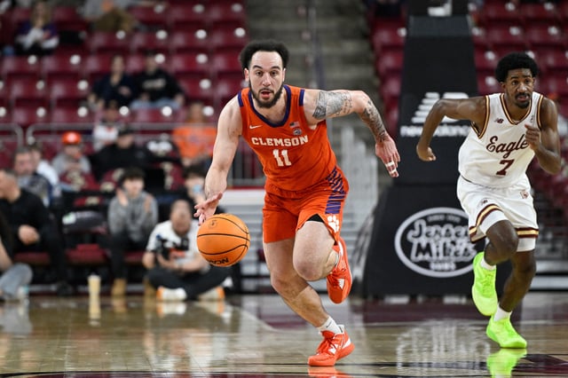 Mar 5, 2025; Chestnut Hill, Massachusetts, USA; Clemson Tigers guard Jaeden Zackery (11) drives to the basket during the second half against the Boston College Eagles at Conte Forum. Mandatory Credit: Eric Canha-Imagn Images
