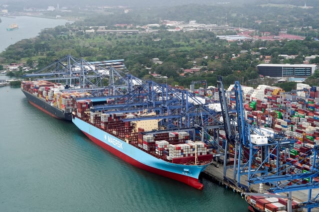 An aerial view shows cargo vessels docked at Balboa Port, operated by Panama Ports Company, at the Panama Canal, in Panama City, Panama, February 1, 2025. REUTERS/Enea Lebrun//File Photo