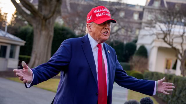 President Donald Trump speaks to members of the media before boarding Marine One on February 28, 2025.