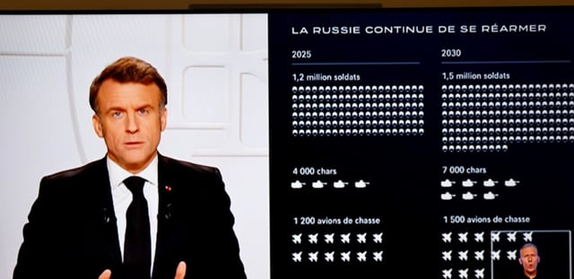 L'allocution du président français Emmanuel Macron retransmise sur un écran de télévision le 5 mars 2025