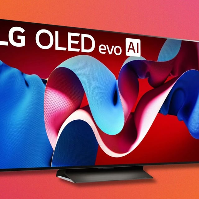 lg c4 oled tv angled against a pink and orange gradient background