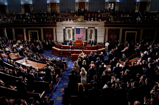 Republicans applaud as U.S. Representative Mike Johnson (R-LA) speaks after being re-elected as Speaker of the House on the first day of the 119th Congress at the U.S. Capitol in Washington, U.S., January 3, 2025.