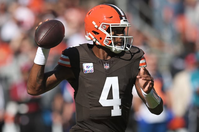Oct 20, 2024; Cleveland, Ohio, USA; Cleveland Browns quarterback Deshaun Watson (4) throws a pass during the first quarter against the Cincinnati Bengals at Huntington Bank Field. Mandatory Credit: Ken Blaze-Imagn Images/File Photo