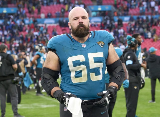Oct 20, 2024; London, United Kingdom; Jacksonville Jaguars center Mitch Morse (65) leaves the field after an NFL International Series game at Wembley Stadium. Mandatory Credit: Peter van den Berg-Imagn Images/File Photo