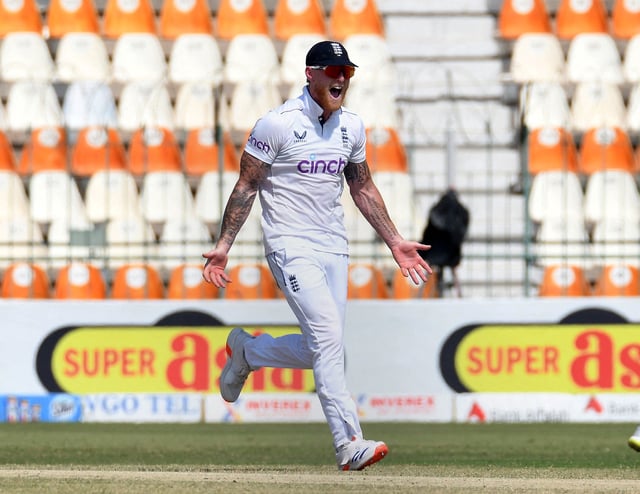 Cricket - Second Test - England v Pakistan - Multan Cricket Stadium, Multan, Pakistan - October 17, 2024 England's Ben Stokes celebrates after the wicket of Pakistan's Saim Ayub, caught out by Ollie Pope off the bowling of Shoaib Bashir REUTERS/M A Tanveer/File Photo