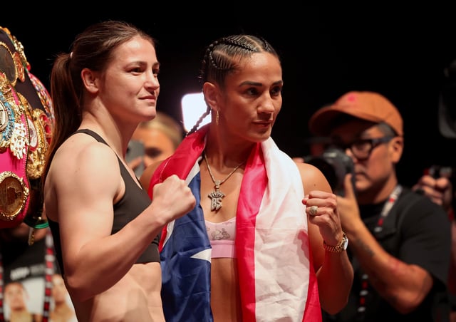 Katie Taylor and Amanda Serrano attend the weigh-in for LIVE on Netflix: Jake Paul vs. Mike Tyson at the Toyota Music Factory on November 14, 2024 in Dallas, Texas. (Photo by Brett Carlsen/Getty Images for Netflix)
