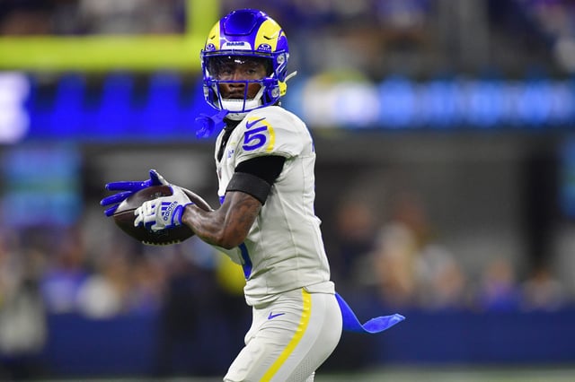 Oct 24, 2024; Inglewood, California, USA; Los Angeles Rams wide receiver Tutu Atwell (5) runs the ball after catching a pass against the Minnesota Vikings during the second half at SoFi Stadium. Mandatory Credit: Gary A. Vasquez-Imagn Images/File Photo