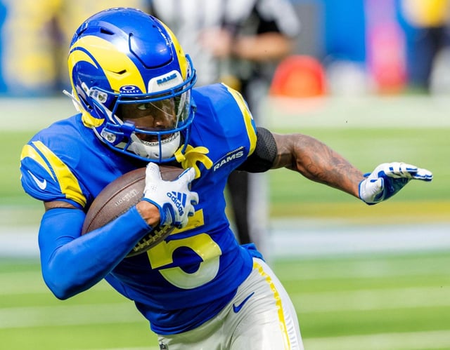 Los Angeles Rams wide receiver Tutu Atwell (5) runs against the Green Bay Packers  before the game at SoFi Stadium in Inglewood on Sunday, Oct. 6, 2024. (Photo by Terry Pierson, The Press-Enterprise/SCNG)