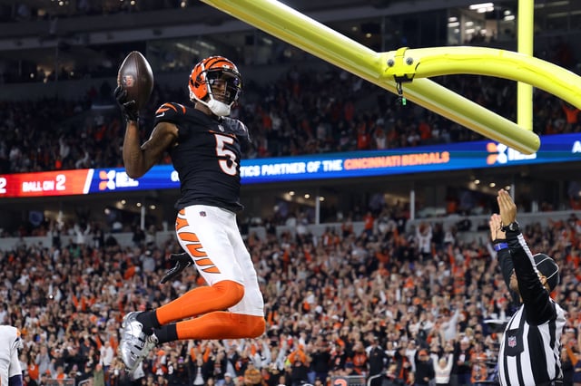 Dec 28, 2024; Cincinnati, Ohio, USA;  Cincinnati Bengals wide receiver Tee Higgins (5) celebrates after making a touchdown pass reception against the Denver Broncos during the second quarter at Paycor Stadium. Mandatory Credit: Joseph Maiorana-Imagn Images/File Photo
