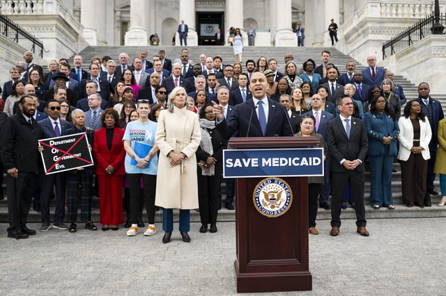 Representative Hakeem Jeffries (D-N.Y.), the House Minority Leader, speaks during a Medicaid and budget event with House Democrats and activists, at the U.S. Capitol, in Washington, D.C., on Tuesday, February 25, 2025.