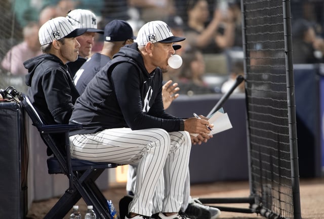 TAMPA, FLORIDA - MARCH 03: Aaron Boone #17 of the New York Yankees looks on during a spring training game against the Pittsburgh Pirates at George M. Steinbrenner Field on March 3, 2025 in Tampa, Florida.