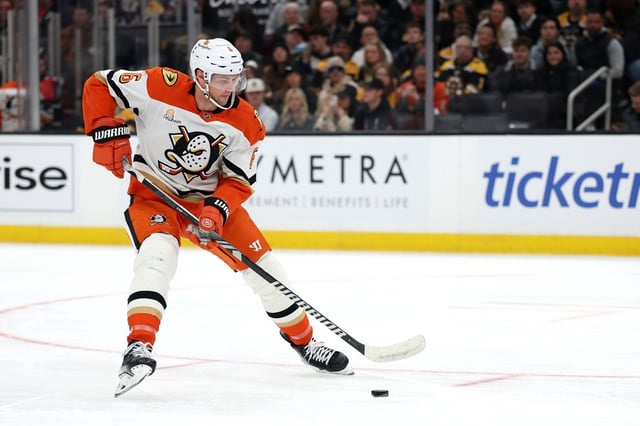 The Ducks’ Brian Dumoulin skates against the Bruins during the first period Feb. 22, 2025, at TD Garden in Boston. (Photo by Maddie Meyer/Getty Images)
